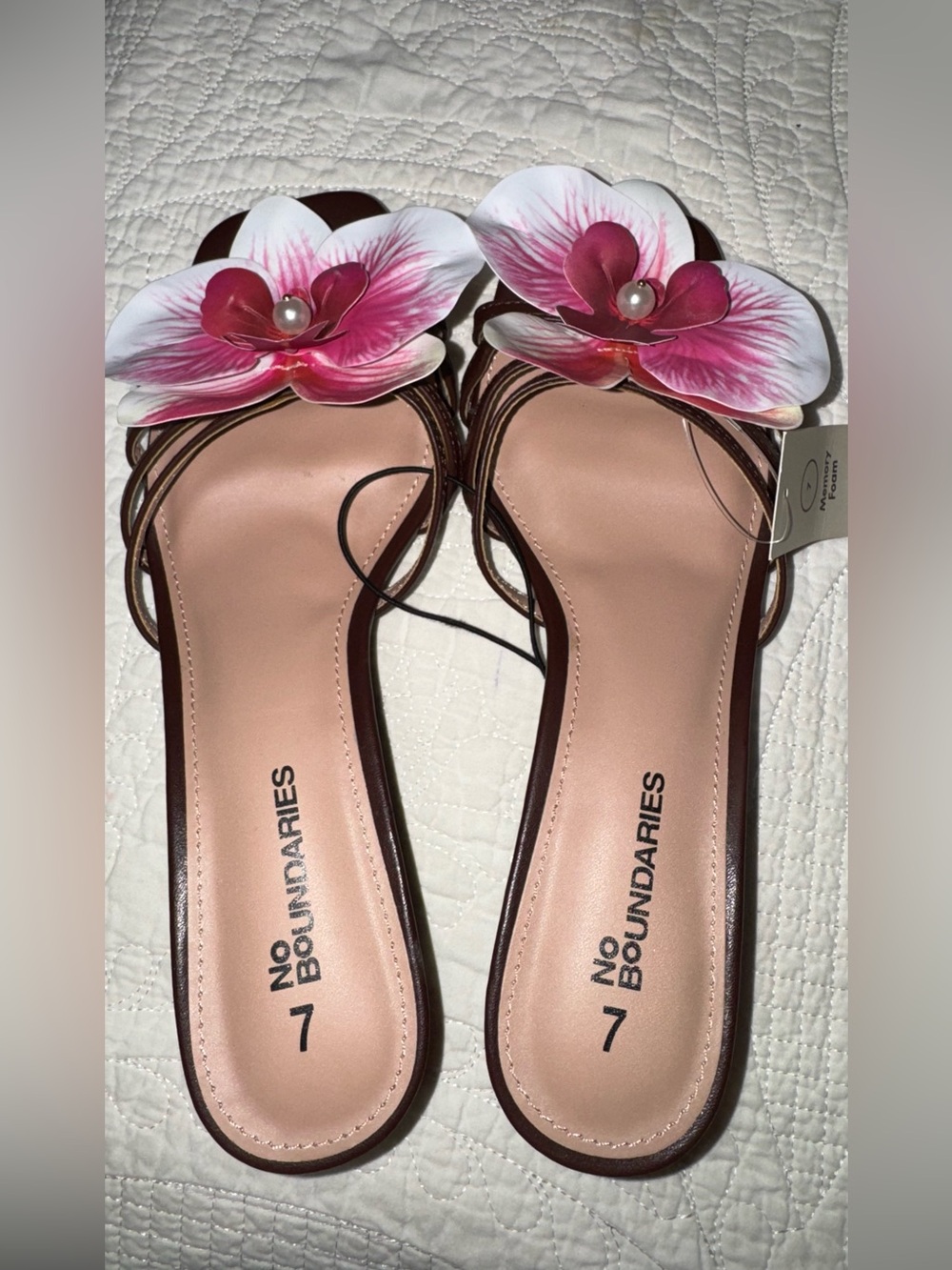 No Boundaries Brown Slide Sandals with Pink & White Floral Accent